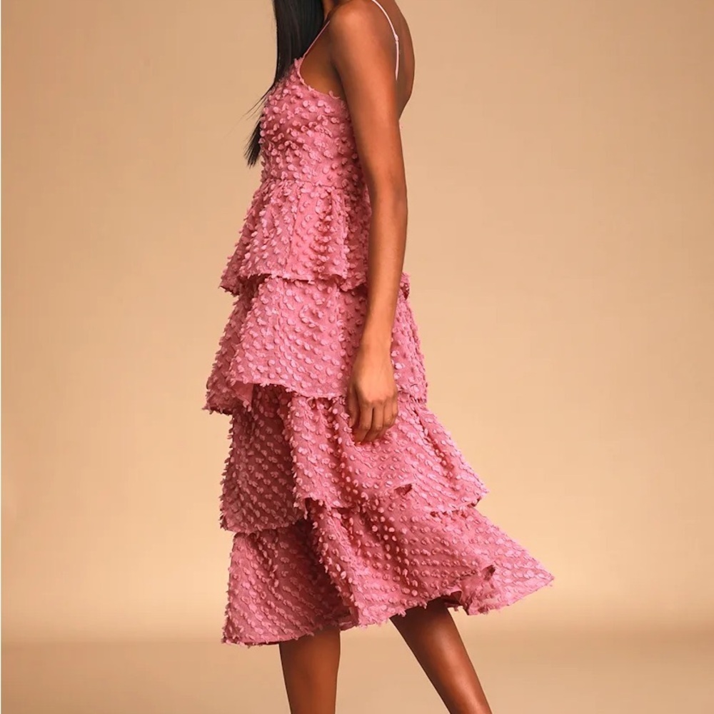 Lulu's Flirting with You Mauve Tiered Pom Pom Midi Dress size XS - Picture 5 of 9